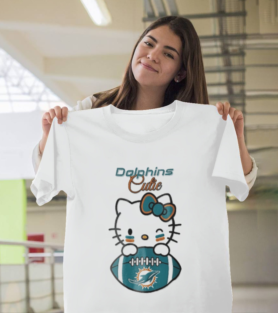 Miami Dolphins Cutie Winking Cat Bow Football T-Shirt