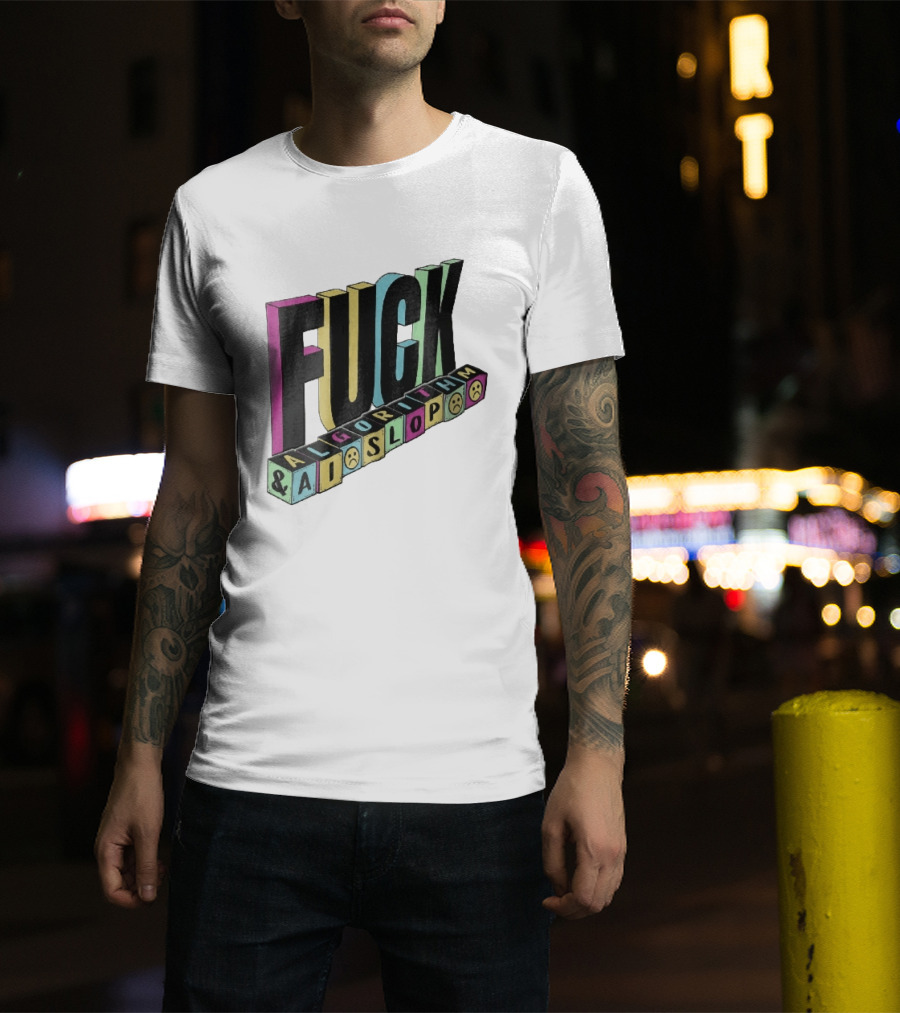 Fuck Algorithm And AI Slop 3D Toy Blocks Sad Faces T-Shirt