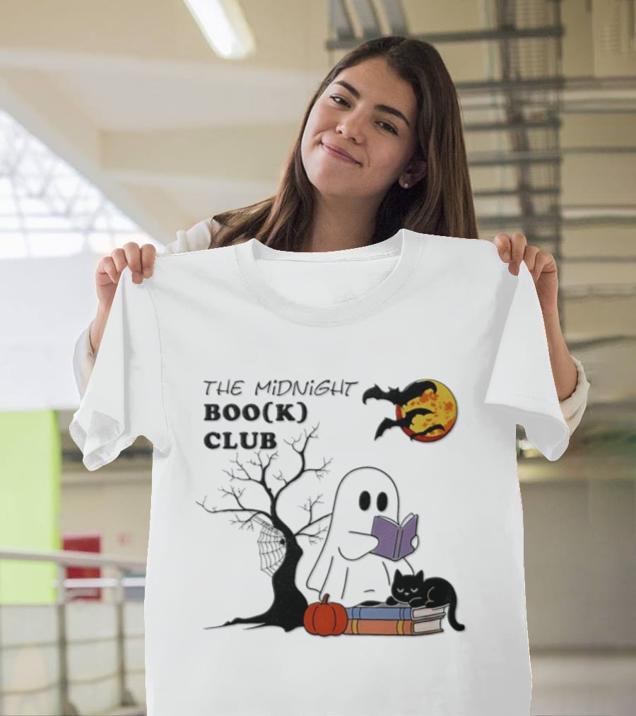 The Midnight Boo(k) Club Halloween Ghost Cat Pumpkin Moon T-Shirt