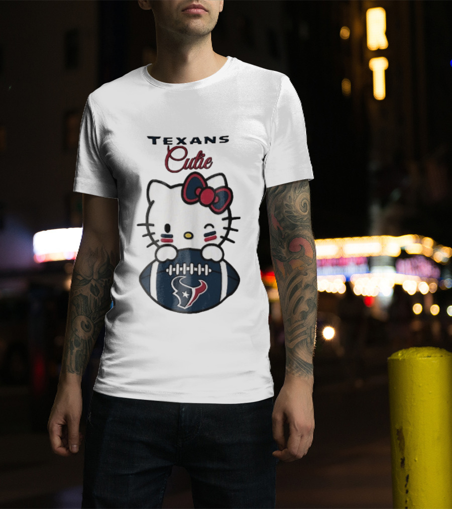 Texans Cutie Cartoon Cat Red Bow Winking Football T-Shirt