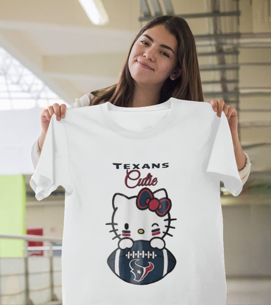 Texans Cutie Cartoon Cat Red Bow Winking Football T-Shirt