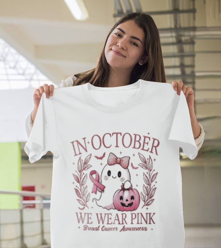 In October We Wear Pink Breast Cancer Awareness Ghost Bow Ribbon Pumpkin T-Shirt