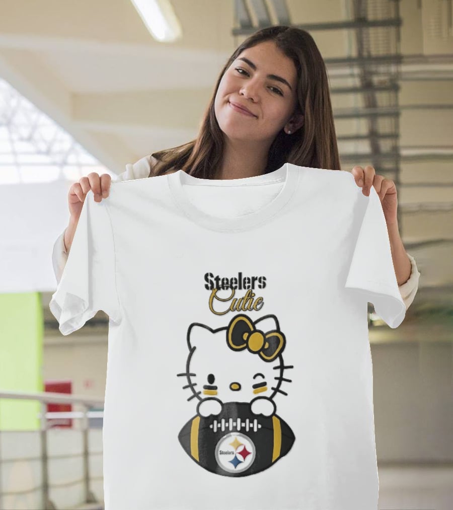 Steelers Cutie Winking Cartoon Cat Bow Football T-Shirt