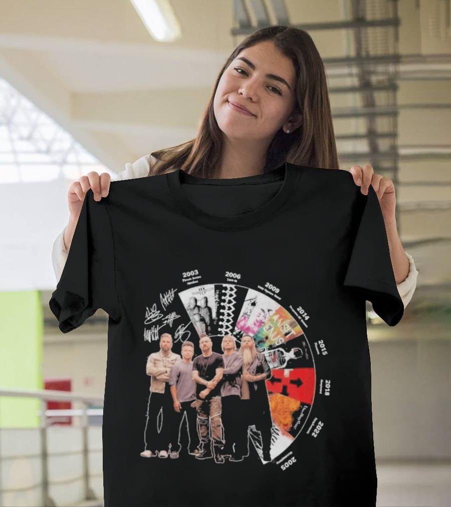 Three Days Grace Albums Timeline With Band Signatures And Discography Dates T-Shirt