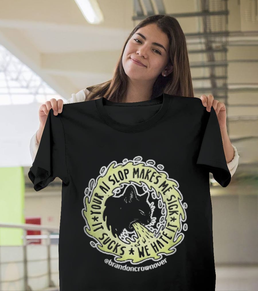 Your Ai Slop Makes Me Sick It Sucks We Hate Brandon Crownover Black Cat Vomiting Green Slime T-Shirt