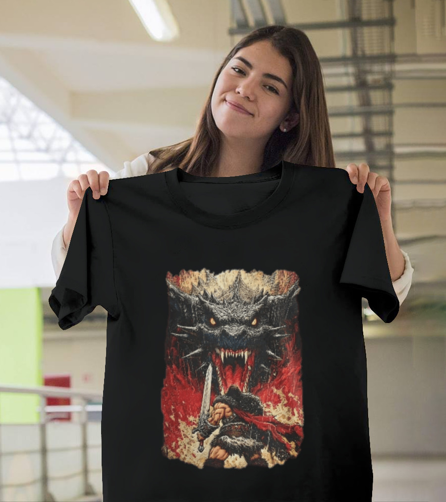 Barbarian Warrior Sword Battle Roaring Dragon Fiery Flames Art Ink Line T-Shirt