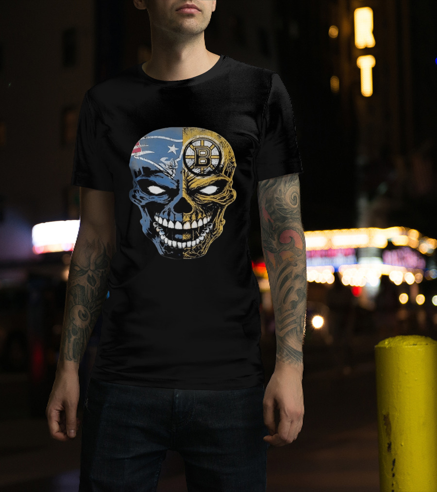 Boston Sports Skull New England Patriots Boston Bruins Fan Fusion T-Shirt