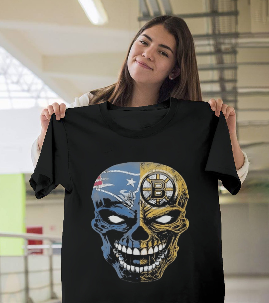 Boston Sports Skull New England Patriots Boston Bruins Fan Fusion T-Shirt