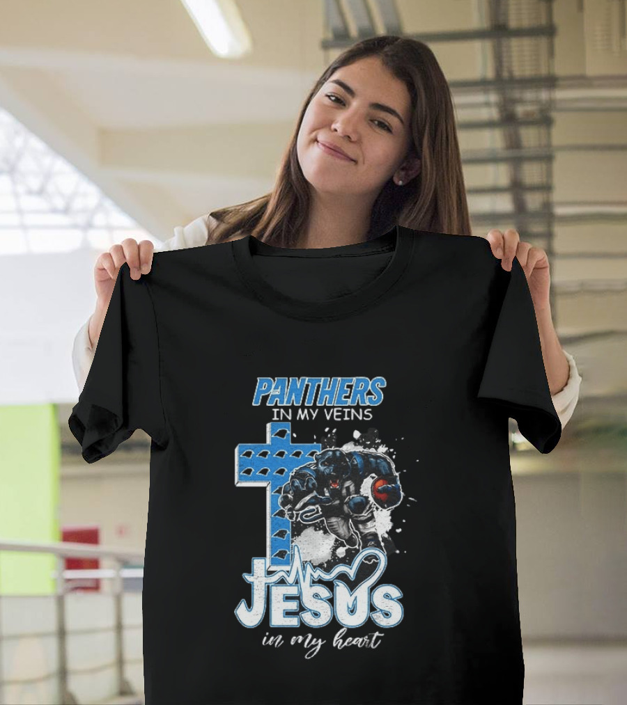 Panthers In My Veins Jesus In My Heart Carolina Football Athlete Cross T-Shirt