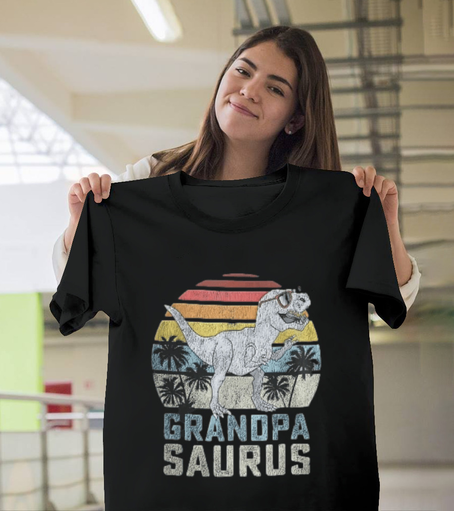 Grandpa Saurus Dinosaur Sunglasses Sunset Palms T-Shirt