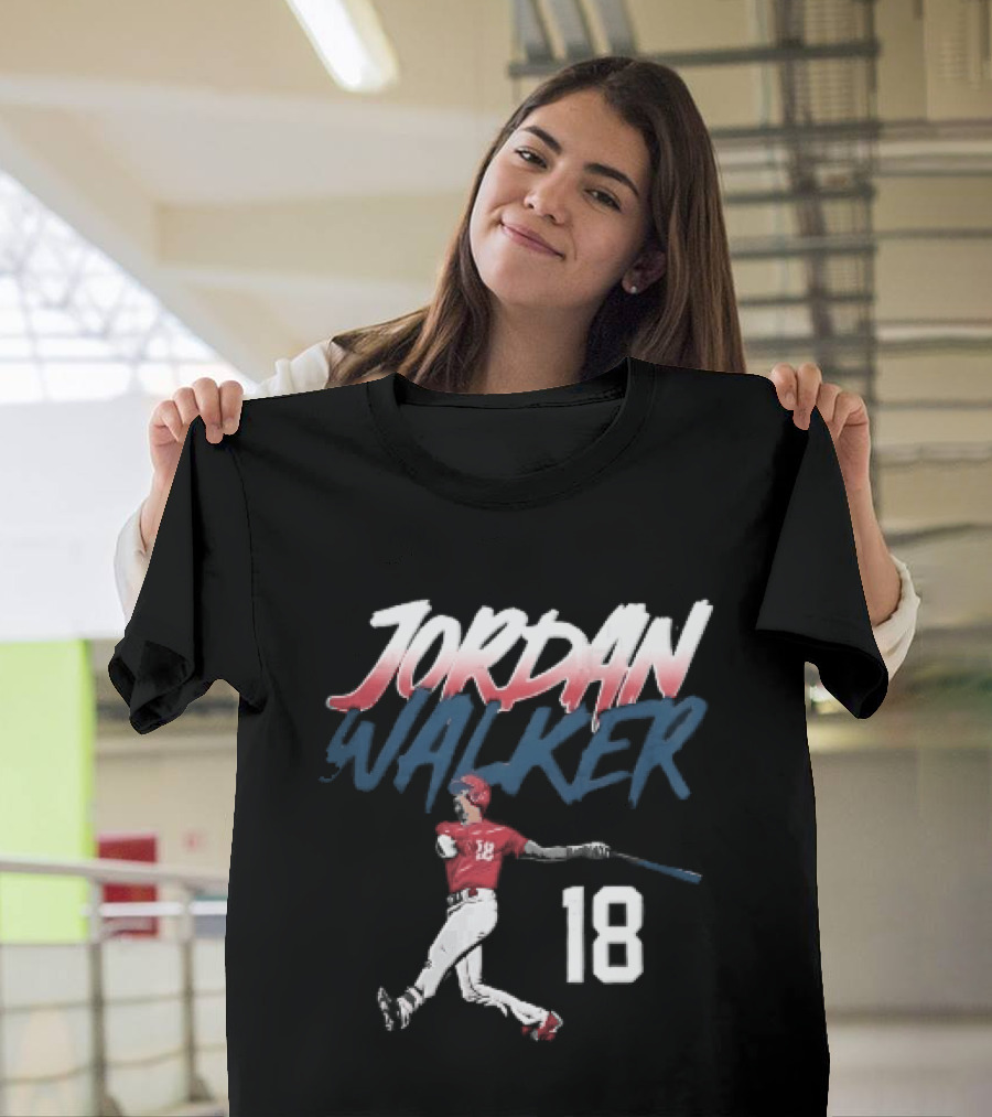Jordan Walker 18 Baseball Red Uniform Swinging Bat Brush Lettering T-Shirt
