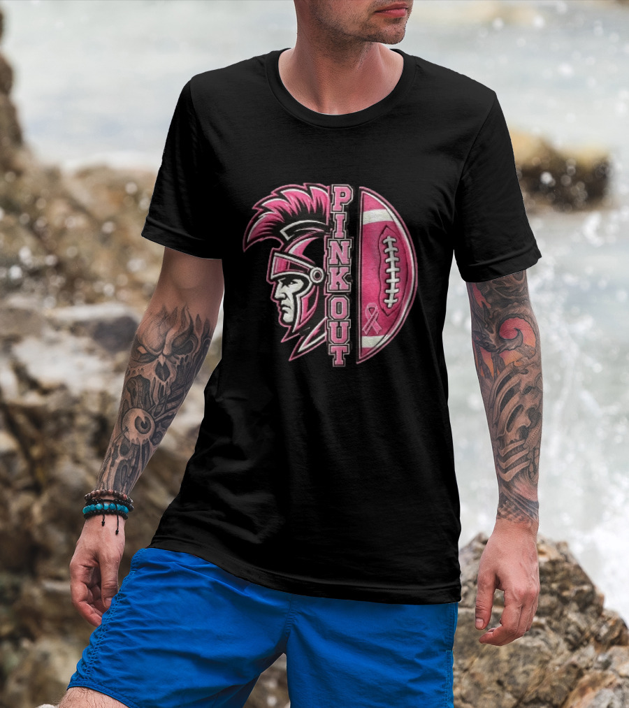 Maroa Forsyth Trojans Pink Out Football Helmet Breast Cancer Awareness Ribbon T-Shirt
