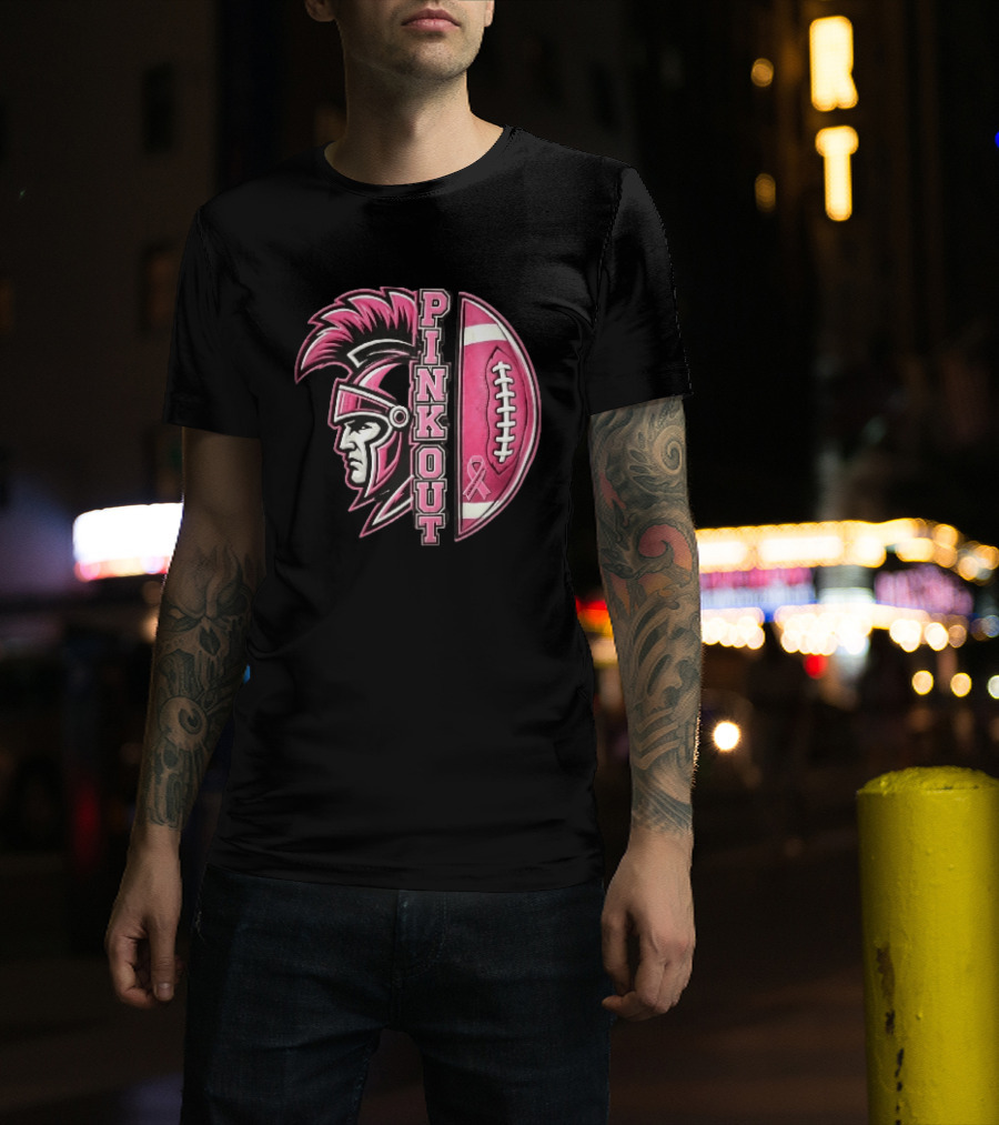 Maroa Forsyth Trojans Pink Out Football Helmet Breast Cancer Awareness Ribbon T-Shirt
