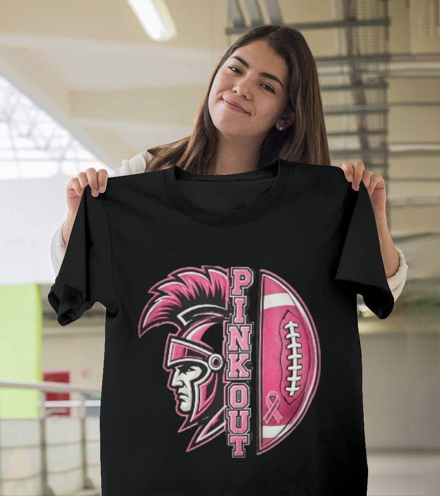 Maroa Forsyth Trojans Pink Out Football Helmet Breast Cancer Awareness Ribbon T-Shirt