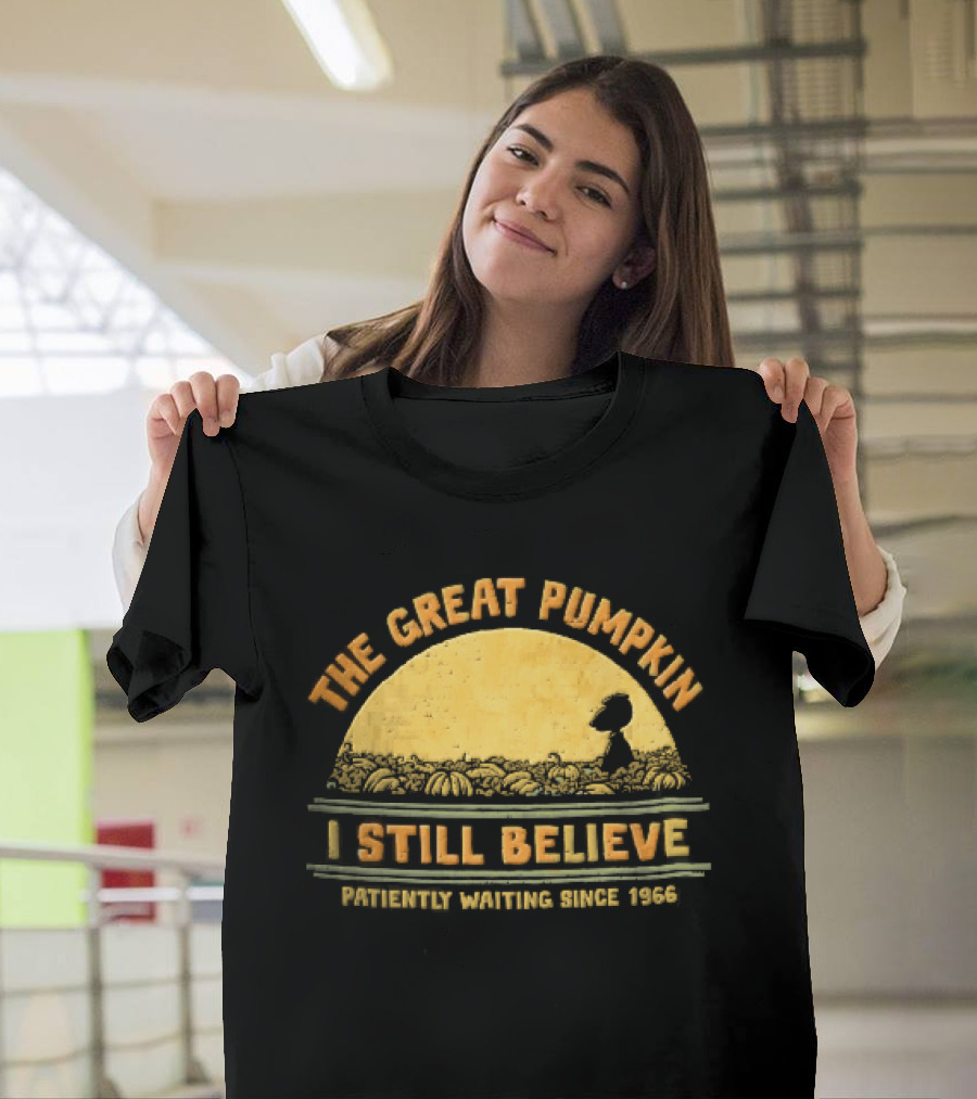 The Great Pumpkin I Still Believe Patiently Waiting Since 1966 Yellow Moon Snoopy Silhouette Distressed T-Shirt