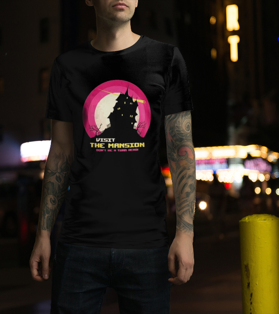 Visit The Mansion Don't Be A Tuna Head Pixel Spooky House Moon Skeleton Trees Yellow Meteor T-Shirt