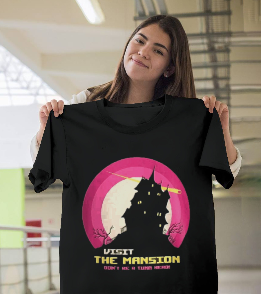 Visit The Mansion Don't Be A Tuna Head Pixel Spooky House Moon Skeleton Trees Yellow Meteor T-Shirt