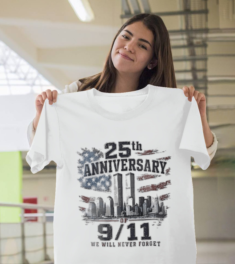25th Anniversary 9 11 We Will Never Forget New York Skyline Twin Towers Distressed American Flag T-Shirt
