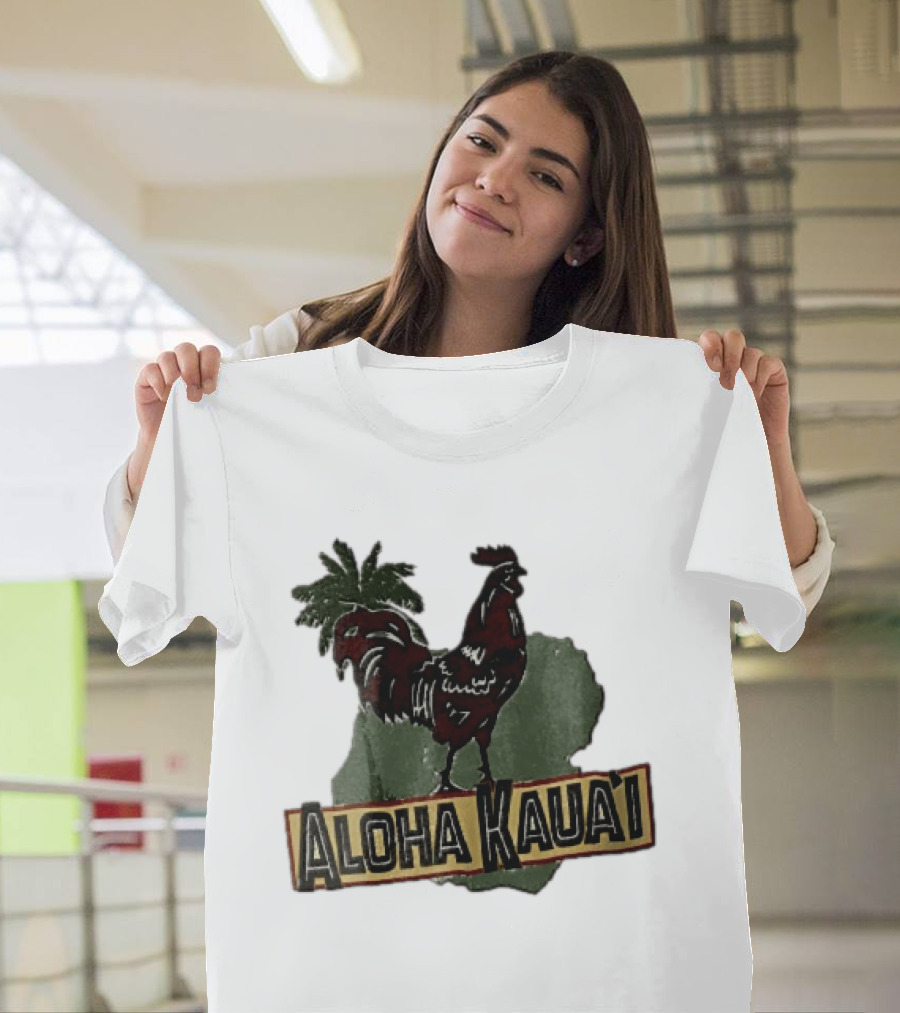 Aloha Kauai Red Rooster Palm Tree Island Map T-Shirt