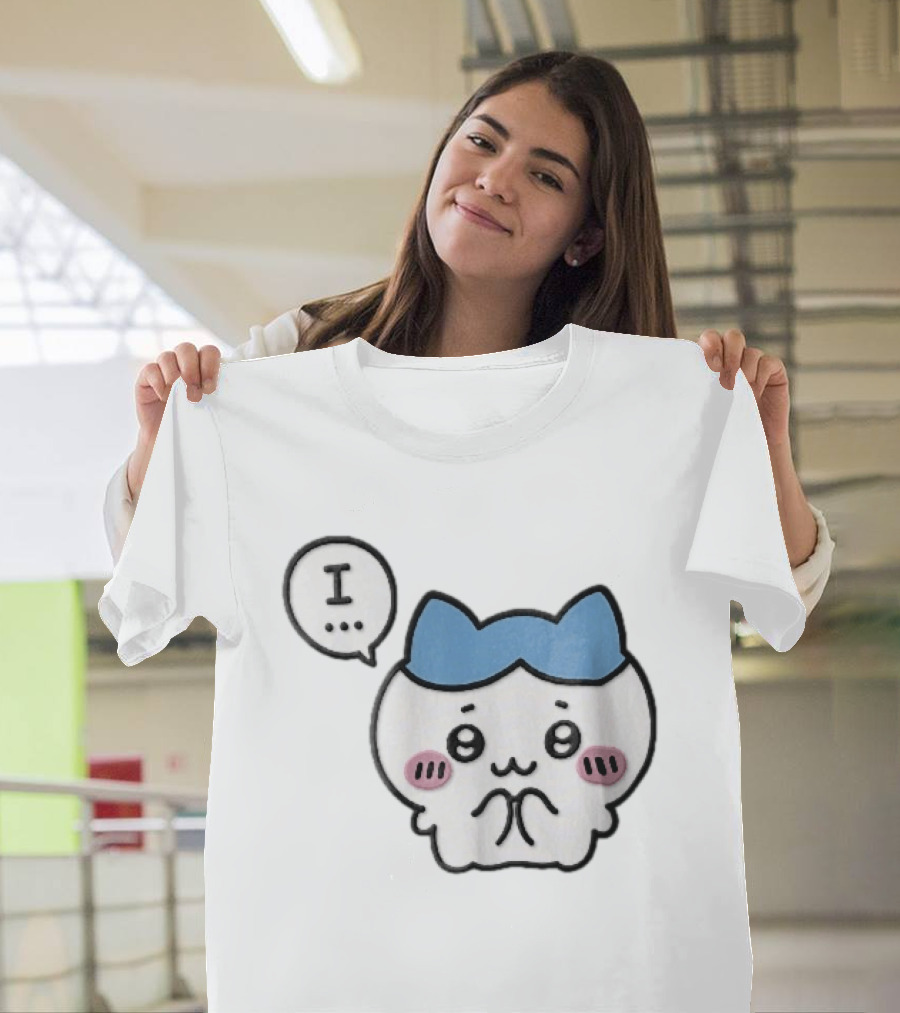 Shy White Cat With Blue Ears Blushing Expression Speech Bubble Text I T-Shirt