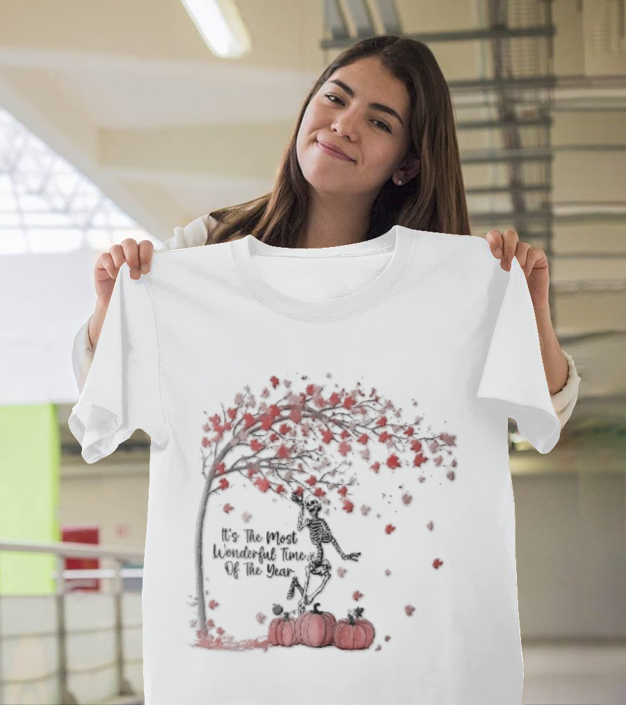 It's The Most Wonderful Time Of Year Dancing Skeleton Autumn Tree Pumpkins T-Shirt