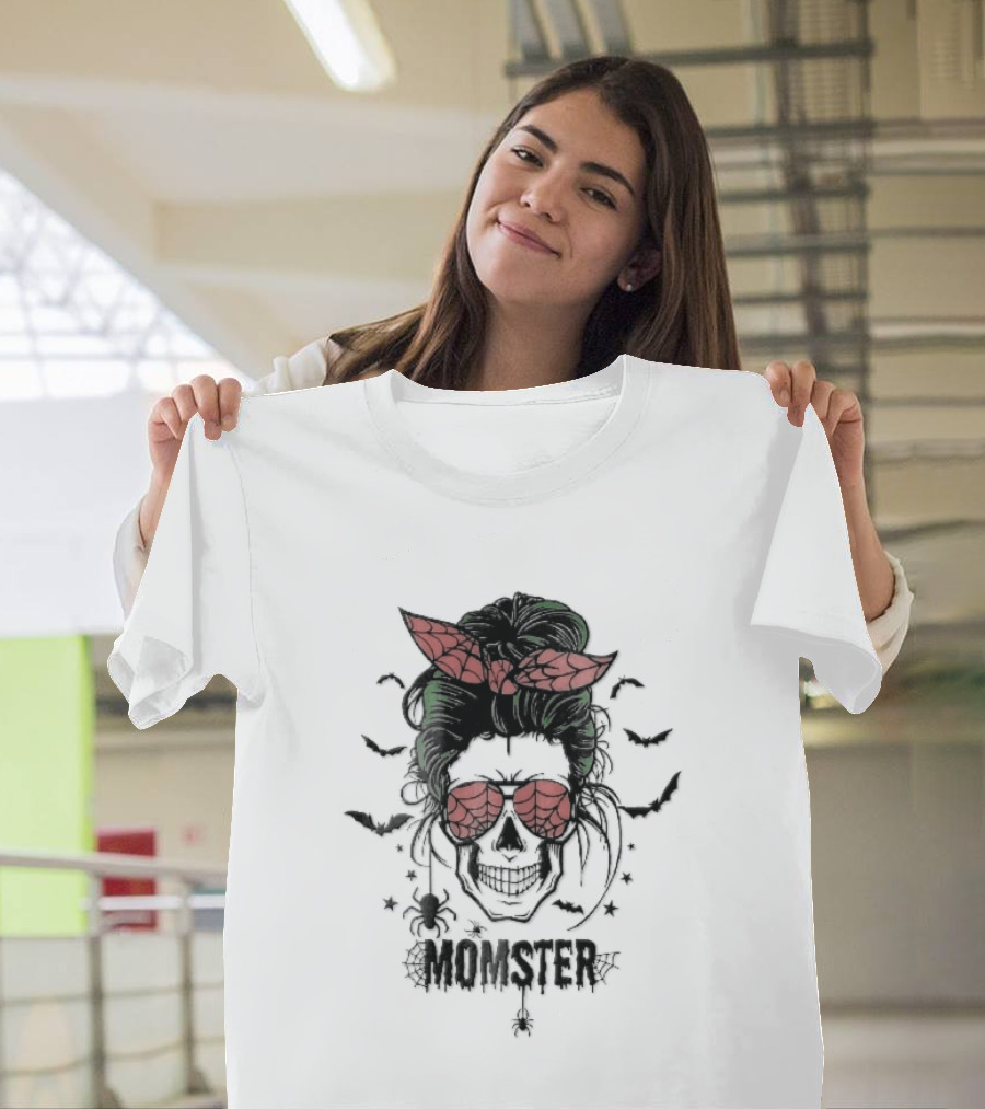 Momster Cartoon Skull Green Messy Bun Spiderweb Glasses T-Shirt