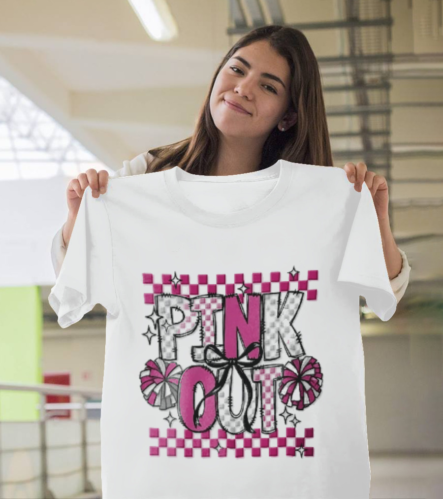Pink Out Checkerboard Cheerleader Pom Poms Black Ribbon Bow Sparkles T-Shirt