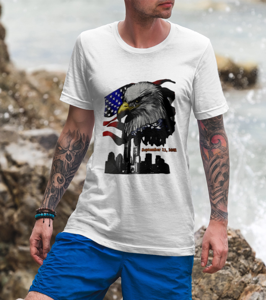 September 11 2001 Twin Towers New York Skyline Crying Bald Eagle American Flag T-Shirt