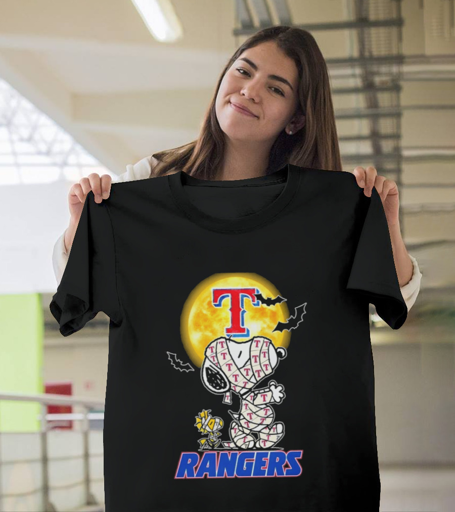 Texas Rangers Snoopy Woodstock Mummy Halloween Collaboration T-Shirt