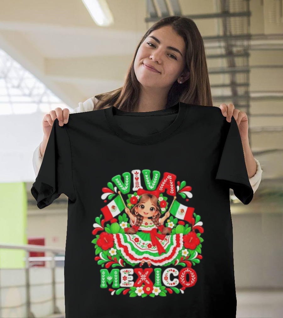 Viva Mexico Girl Festive Mexican Flags Floral Celebration T-Shirt