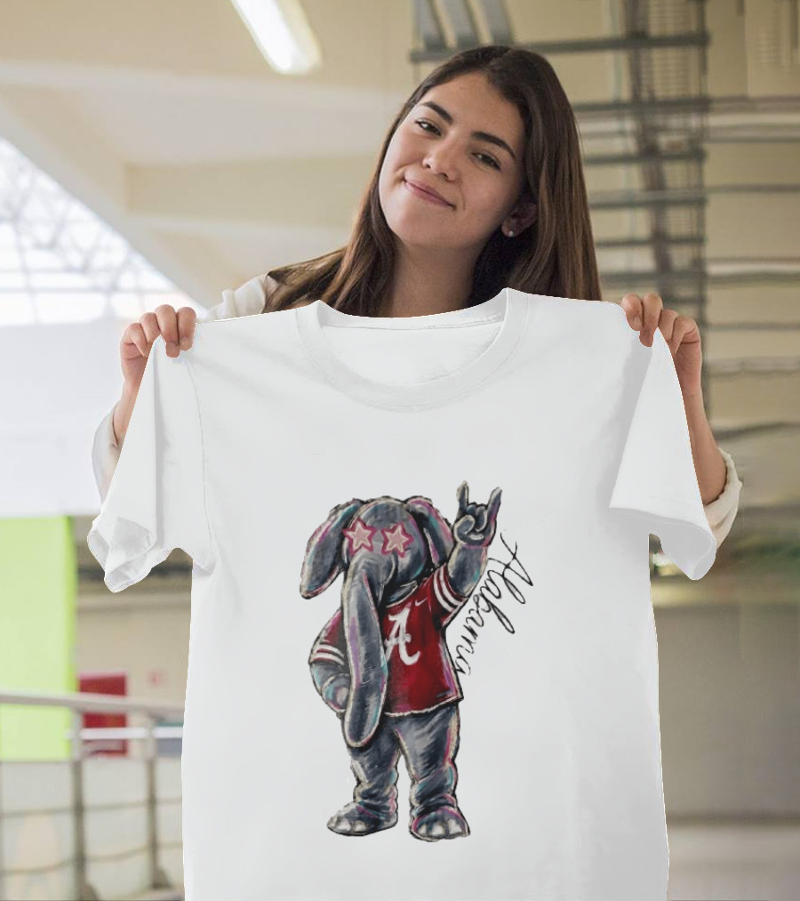 Alabama Crimson Tide Elephant Pink Star Glasses Hand Sign Sketch T-Shirt