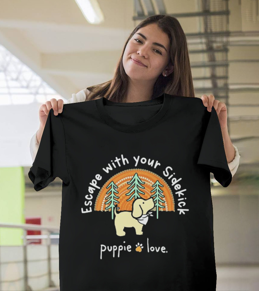 Puppie Love Escape With Your Sidekick Forest Adventure Vintage Sunset T-Shirt