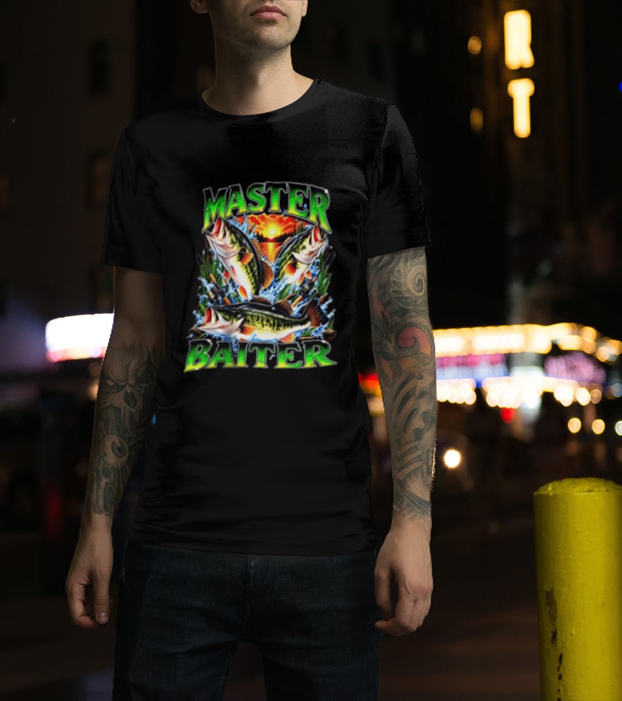 Master Baiter Fishing Large Mouth Bass Sunset Scene T-Shirt