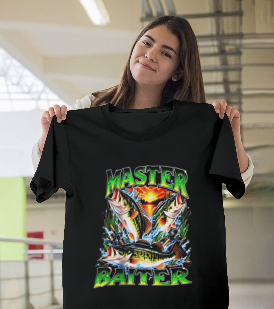 Master Baiter Fishing Large Mouth Bass Sunset Scene T-Shirt