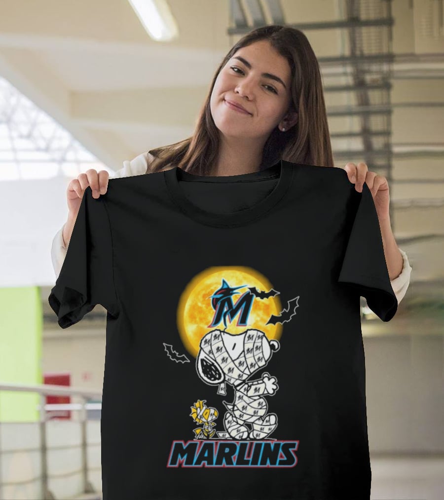 Miami Marlins Snoopy Woodstock Mummy Halloween Moon T-Shirt