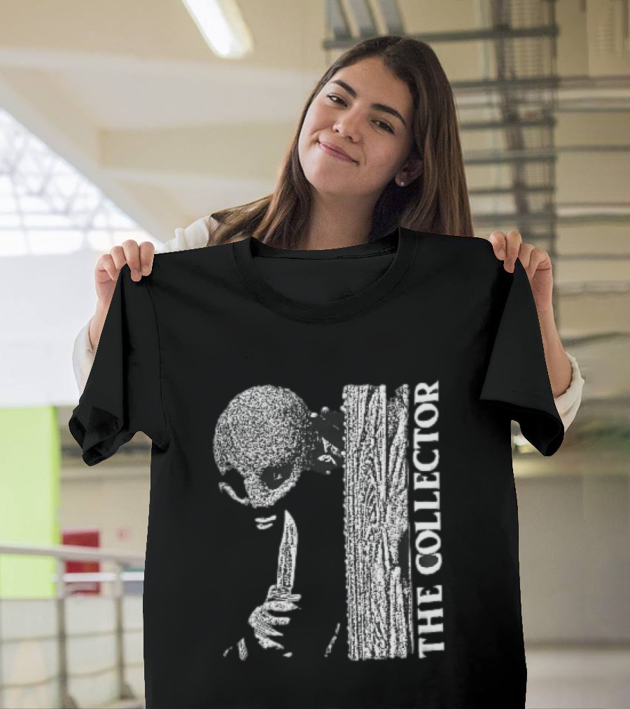 The Collector Masked Figure Knife Wooden Door Peeking Halftone T-Shirt