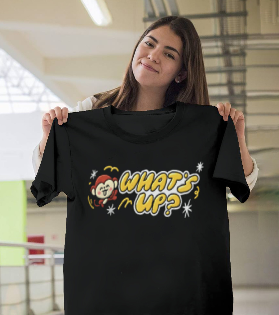 What's Up Cartoon Monkey Waving White Sparkles Squiggles T-Shirt