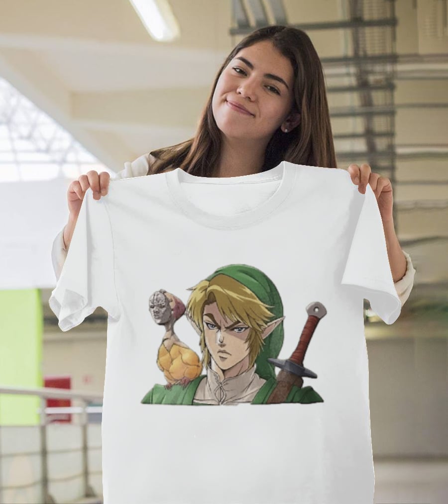 Anime Blonde Elf Knight In Green Tunic With Sword And Strange Bird Companion T-Shirt