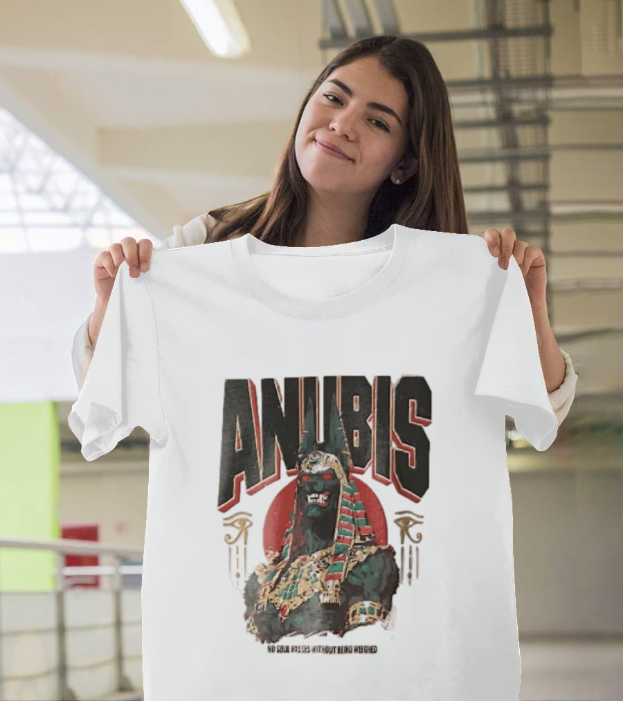Anubis Jackal Headed Egyptian God Distressed No Soul Passes Without Being Weighed Sun T-Shirt