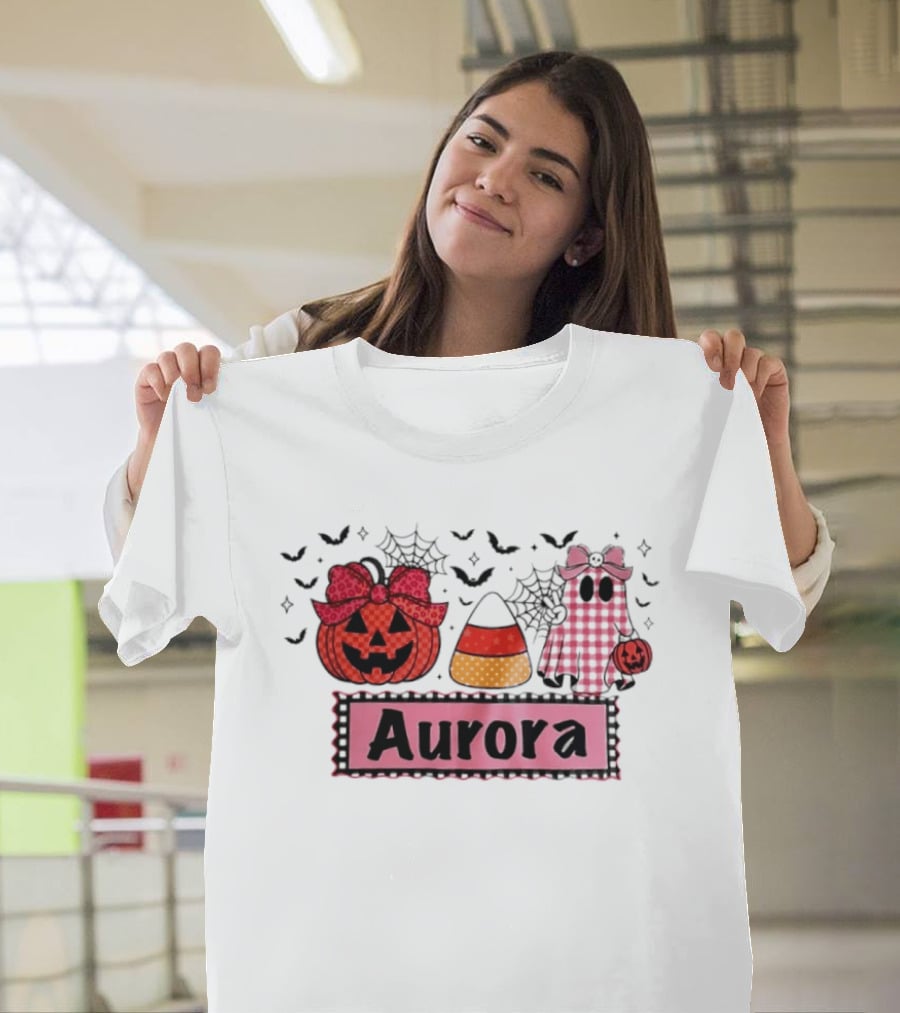 Aurora Halloween Pumpkin Ghost Candy Corn And Spiderwebs T-Shirt