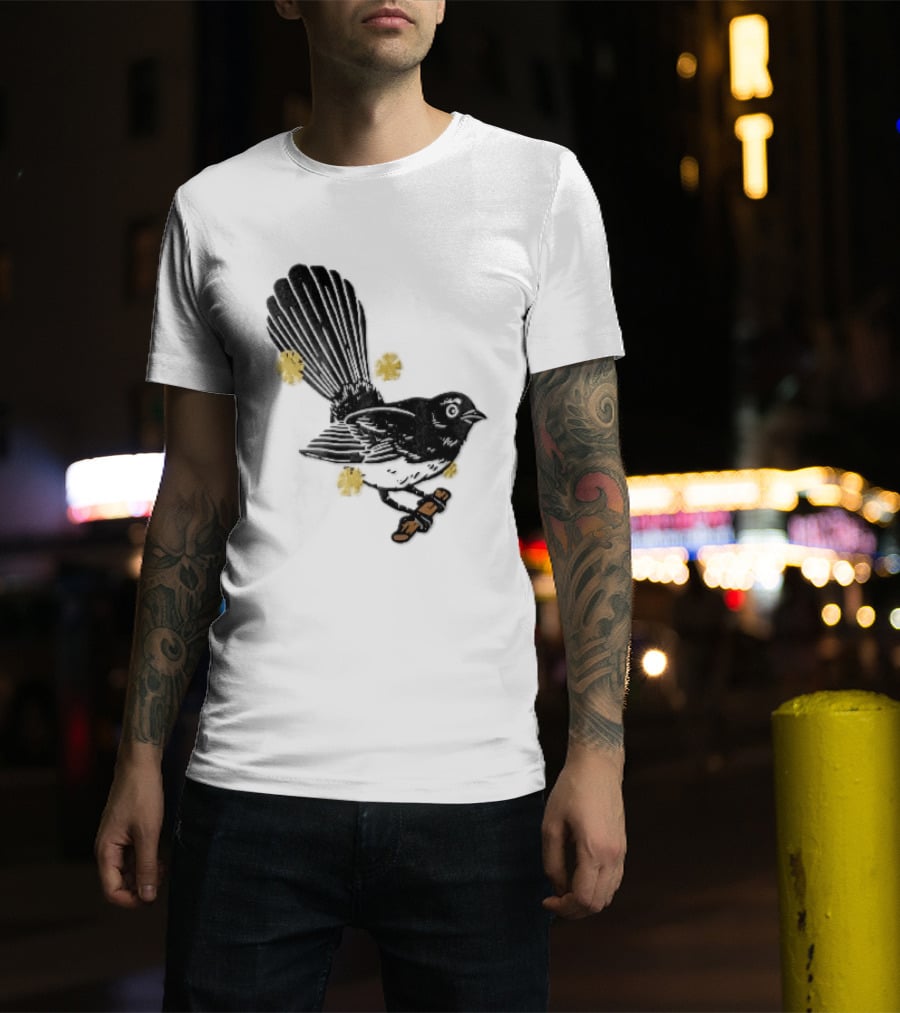 Black White Linocut Fantail Bird Branch Yellow Flowers T-Shirt