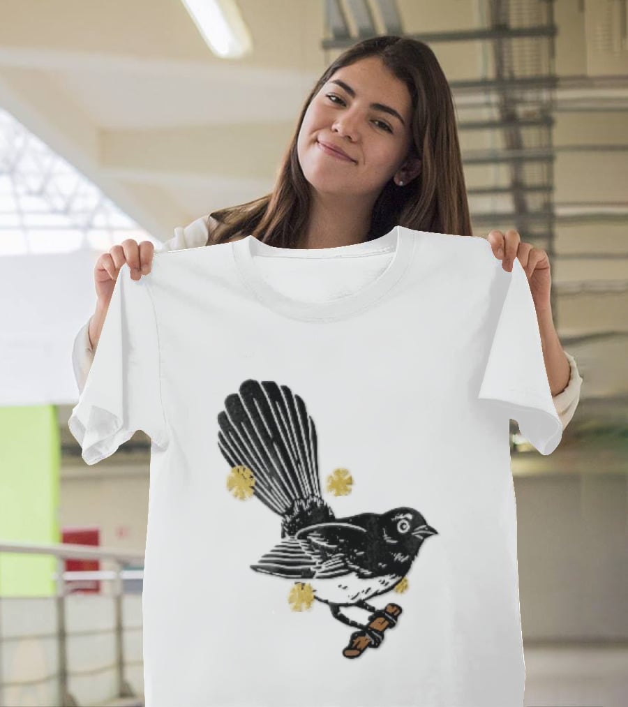 Black White Linocut Fantail Bird Branch Yellow Flowers T-Shirt