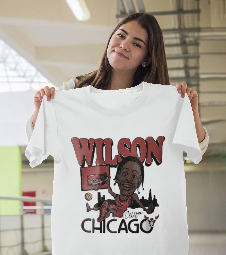 Chicago Bulls Wilson Cartoon Caricature Dunking City Skyline T-Shirt