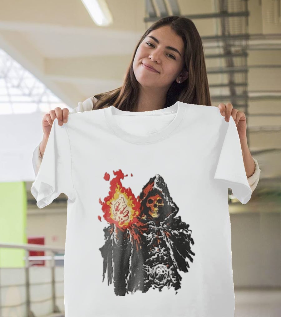 Hooded Skeleton Sorcerer With Glowing Red Fireball T-Shirt