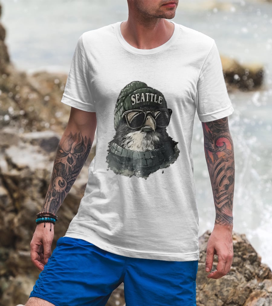 Seattle Beanie Hawk Cartoon With Sunglasses And Scarf T-Shirt