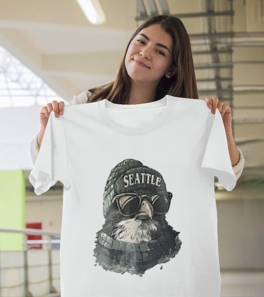 Seattle Beanie Hawk Cartoon With Sunglasses And Scarf T-Shirt