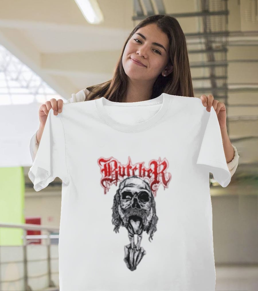 Butcher Skull With Gothic Red Text And Grim T-Shirt