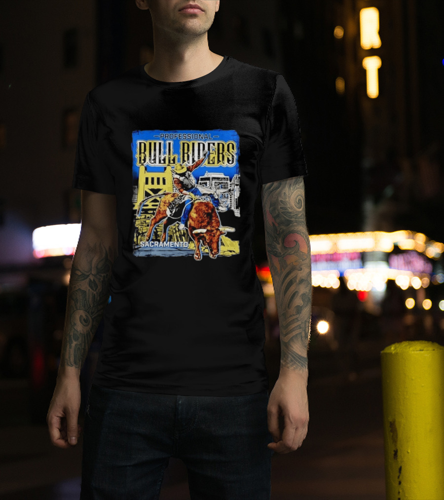 Professional Bull Riders Sacramento Cowboy Riding Bull Cityscape T-Shirt