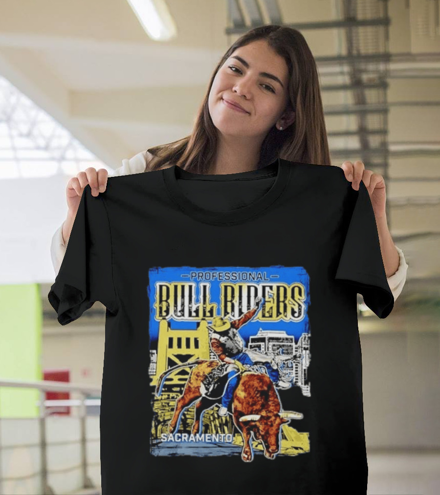 Professional Bull Riders Sacramento Cowboy Riding Bull Cityscape T-Shirt