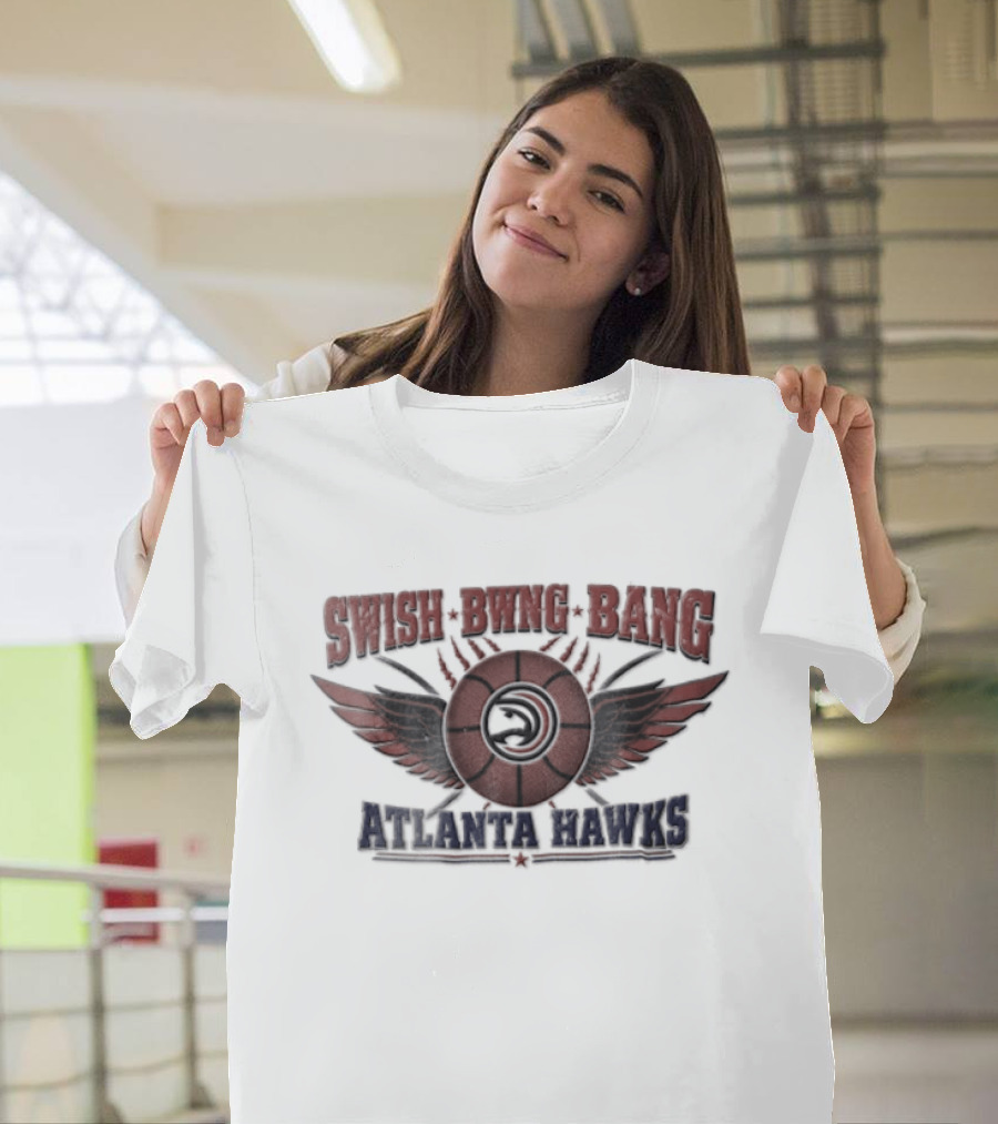 Atlanta Hawks Swish Bwng Bang Distressed Winged Basketball T-Shirt